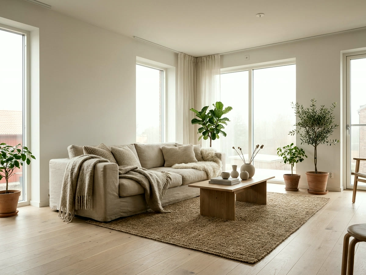 DA Elements living room with custom media wall, round coffee table and cove lighting.